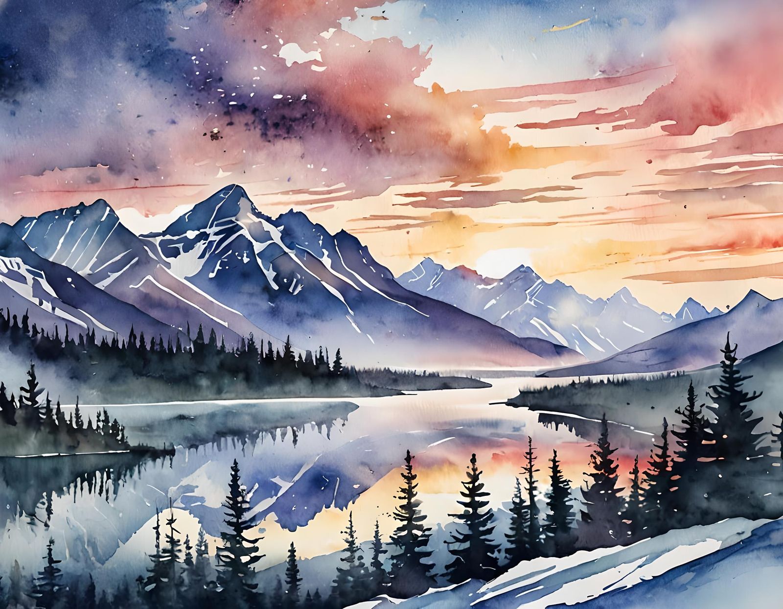 Sunrise Over Canadian Rockies in Watercolor Style