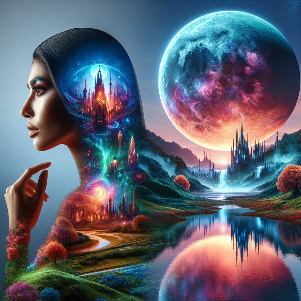 Double Exposure: Hispanic Woman and Fantasy Matte Painting