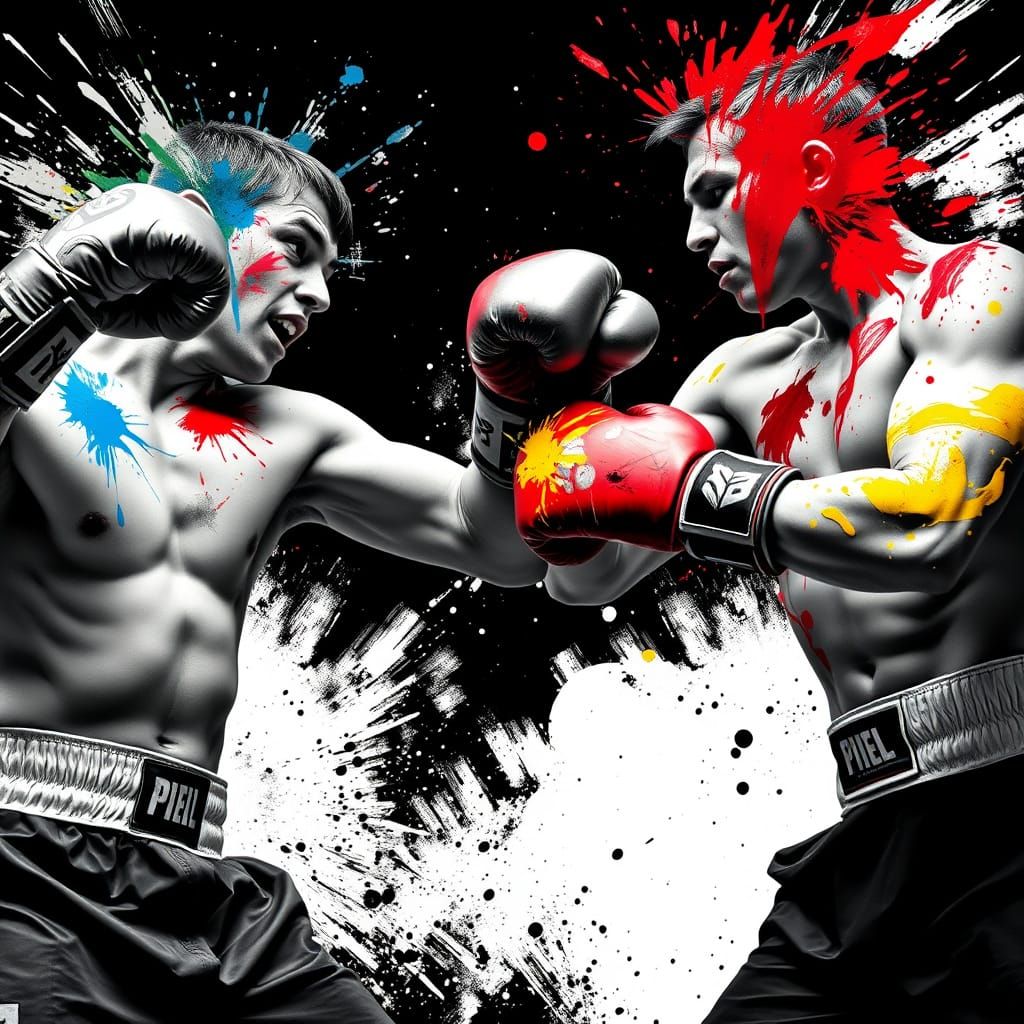 Dynamic Boxers Clash in Vibrant Abstract Paint