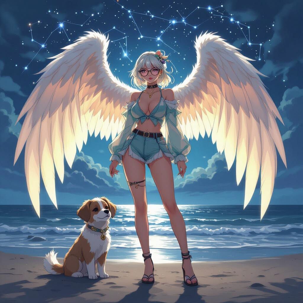 Giantess Puppy Woman with Wings on Dark Anime Beach