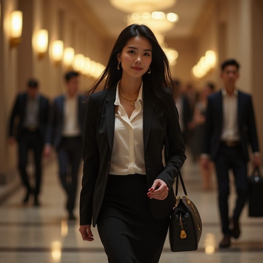 Asian American Woman in Luxury Hotel Lobby