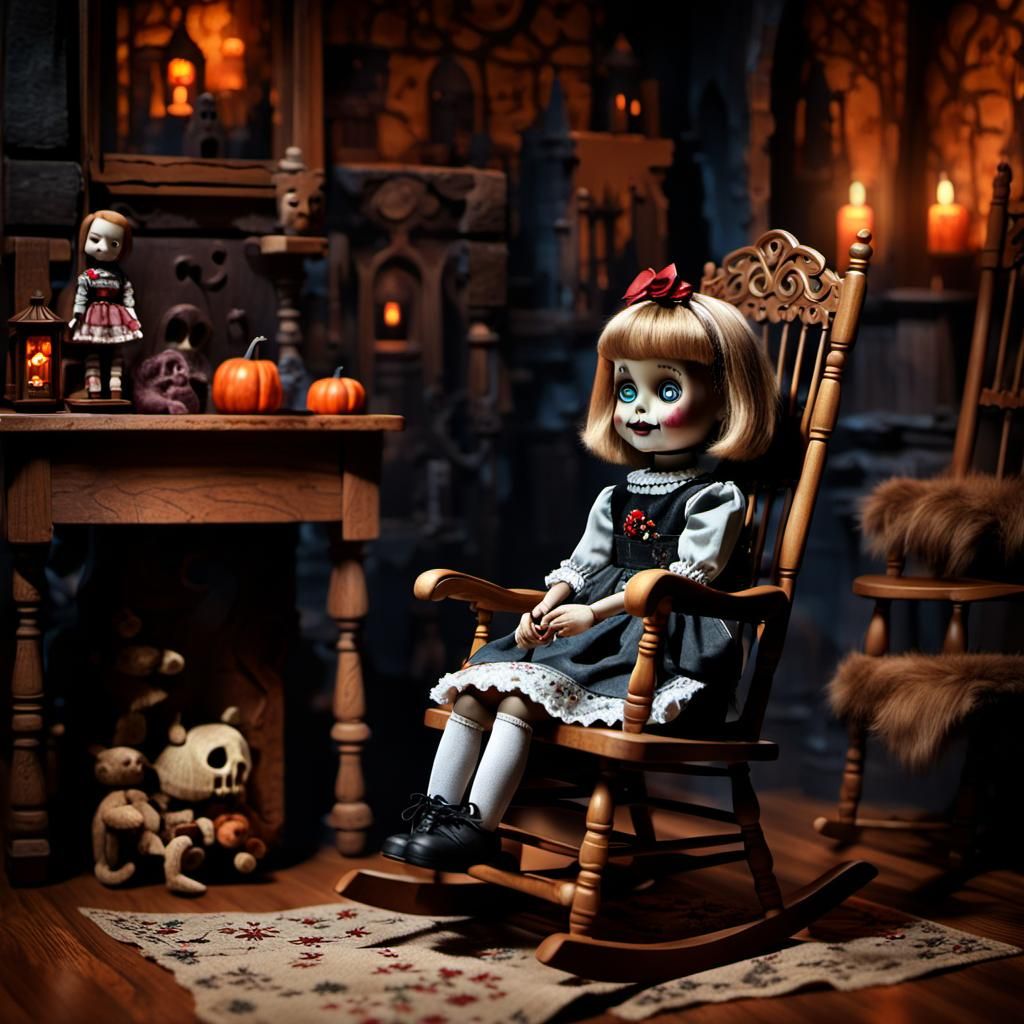 Annabelle Doll in Spooky Gothic Basement: Digital Painting