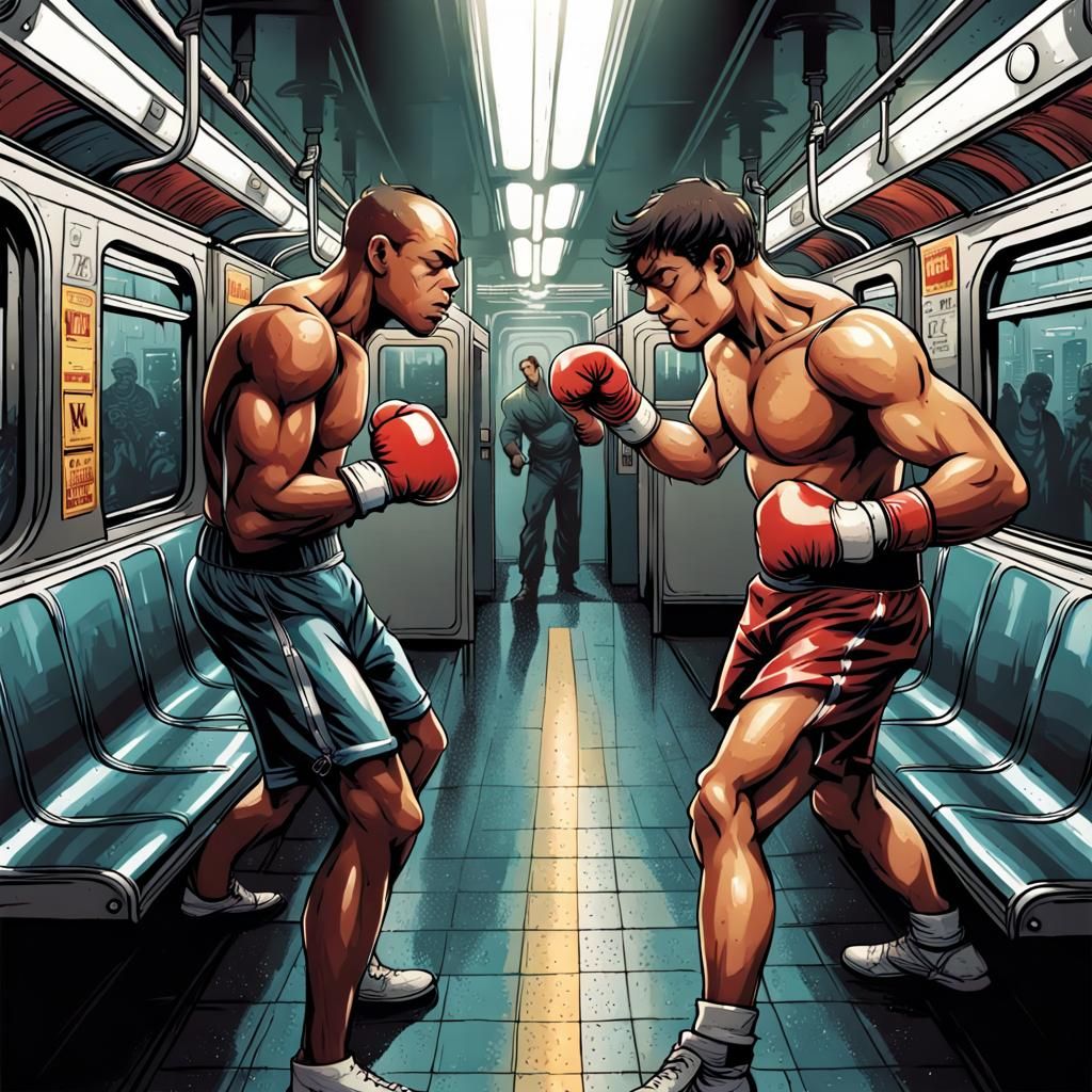 Boxers Clash on Subway Train, Comic Book Art