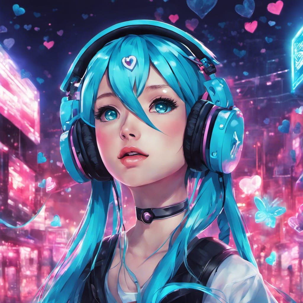 Hatsune Miku Portrait in Synthwave Vocaloid Land