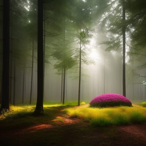 Sunlit Forest Clearing with Mushroom Tribute