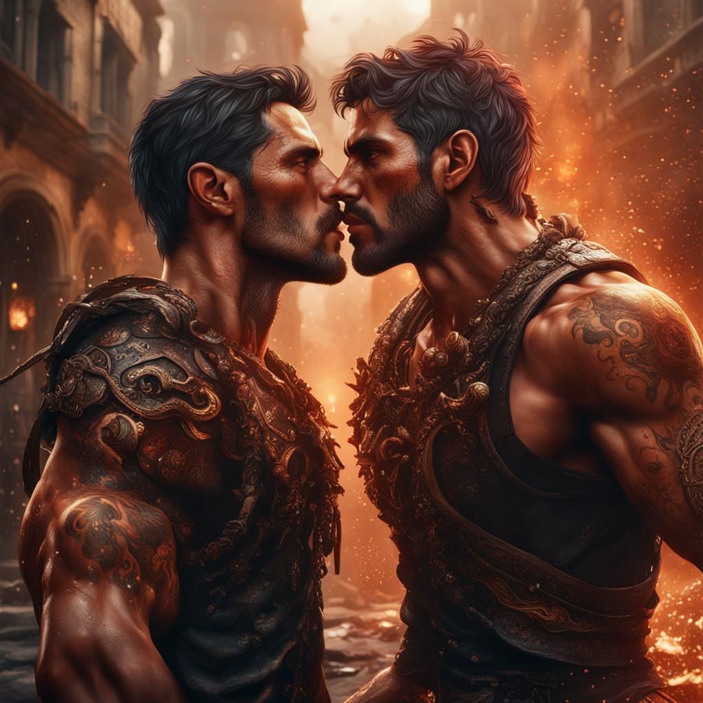 Passionate Kiss: Two Handsome Men in Detailed Matte Painting