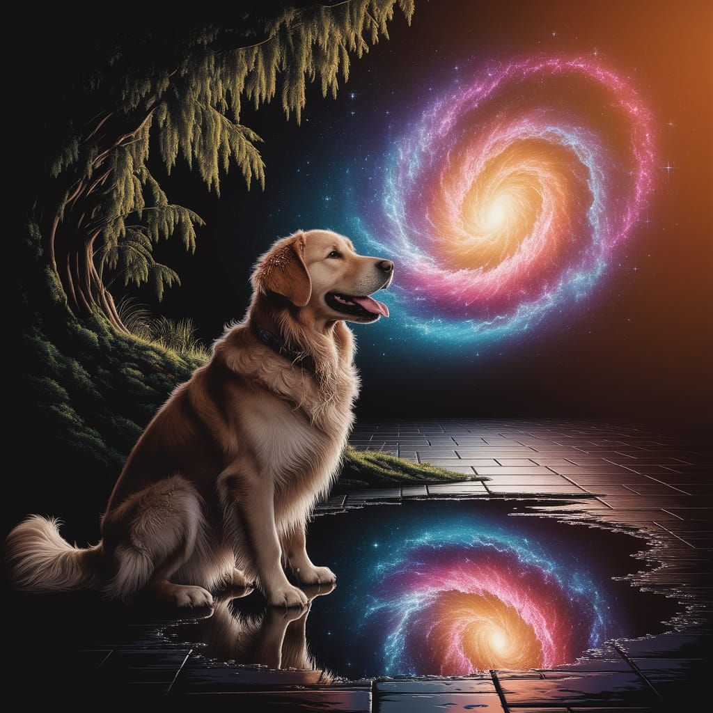 Golden Retriever Contemplates Galaxy Reflection in Puddle