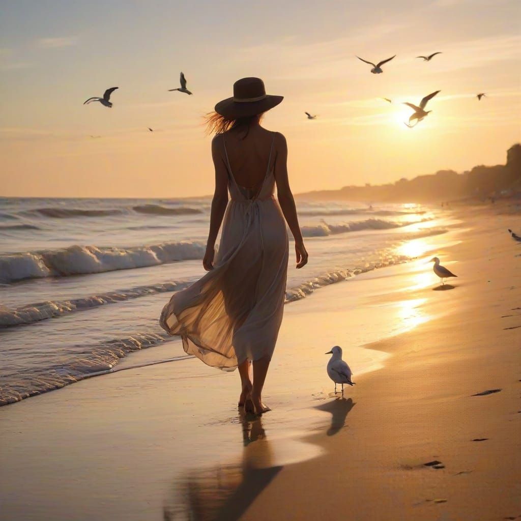 Woman on Beach in Golden Hour Oil Painting
