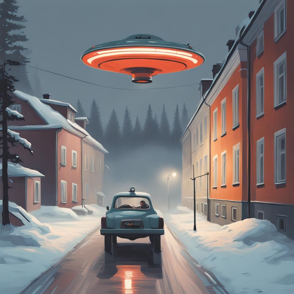 UFO Landing in Gloomy Swedish Town, Digital Art