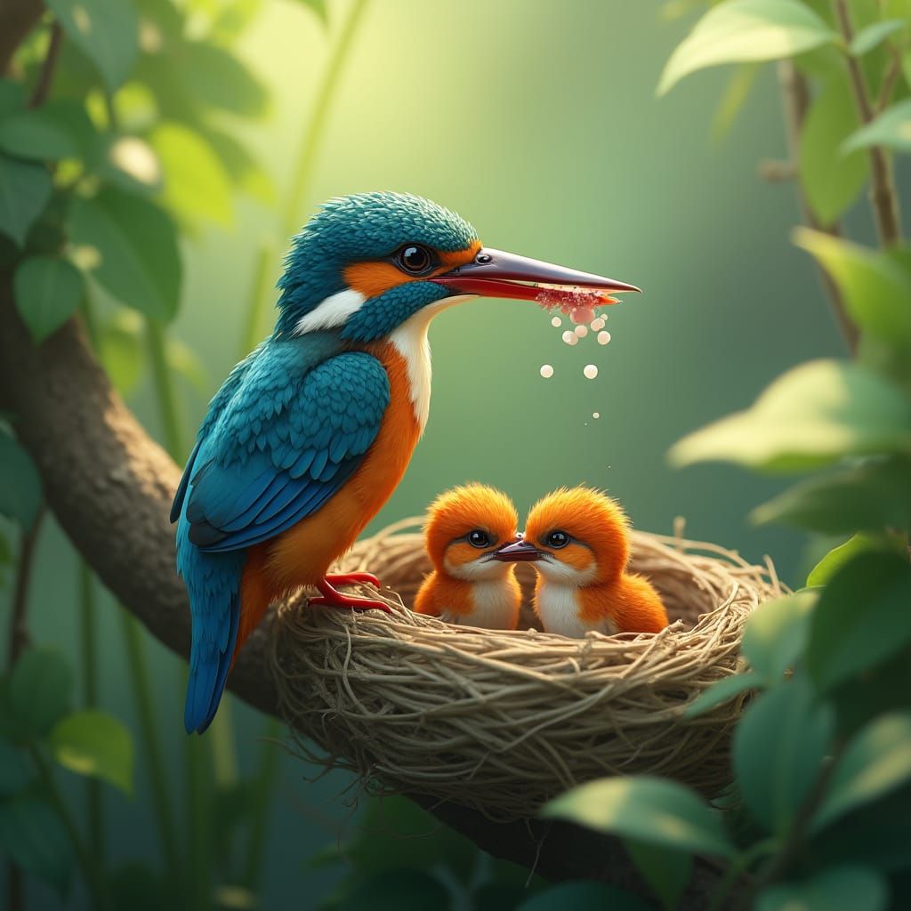 Kingfisher Feeding Nestlings: 3D Anime Style
