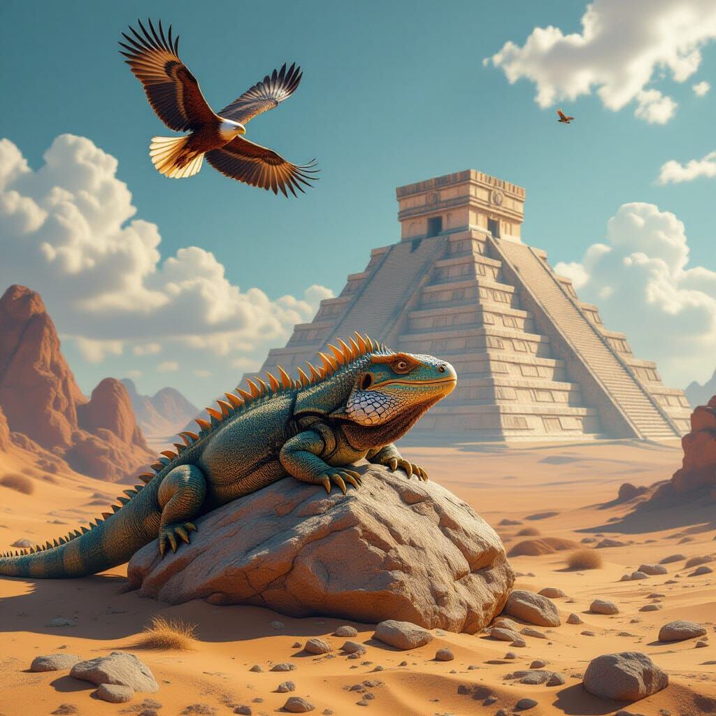 Massive Lizard on Boulder with Mayan Pyramid, Matte Painting...
