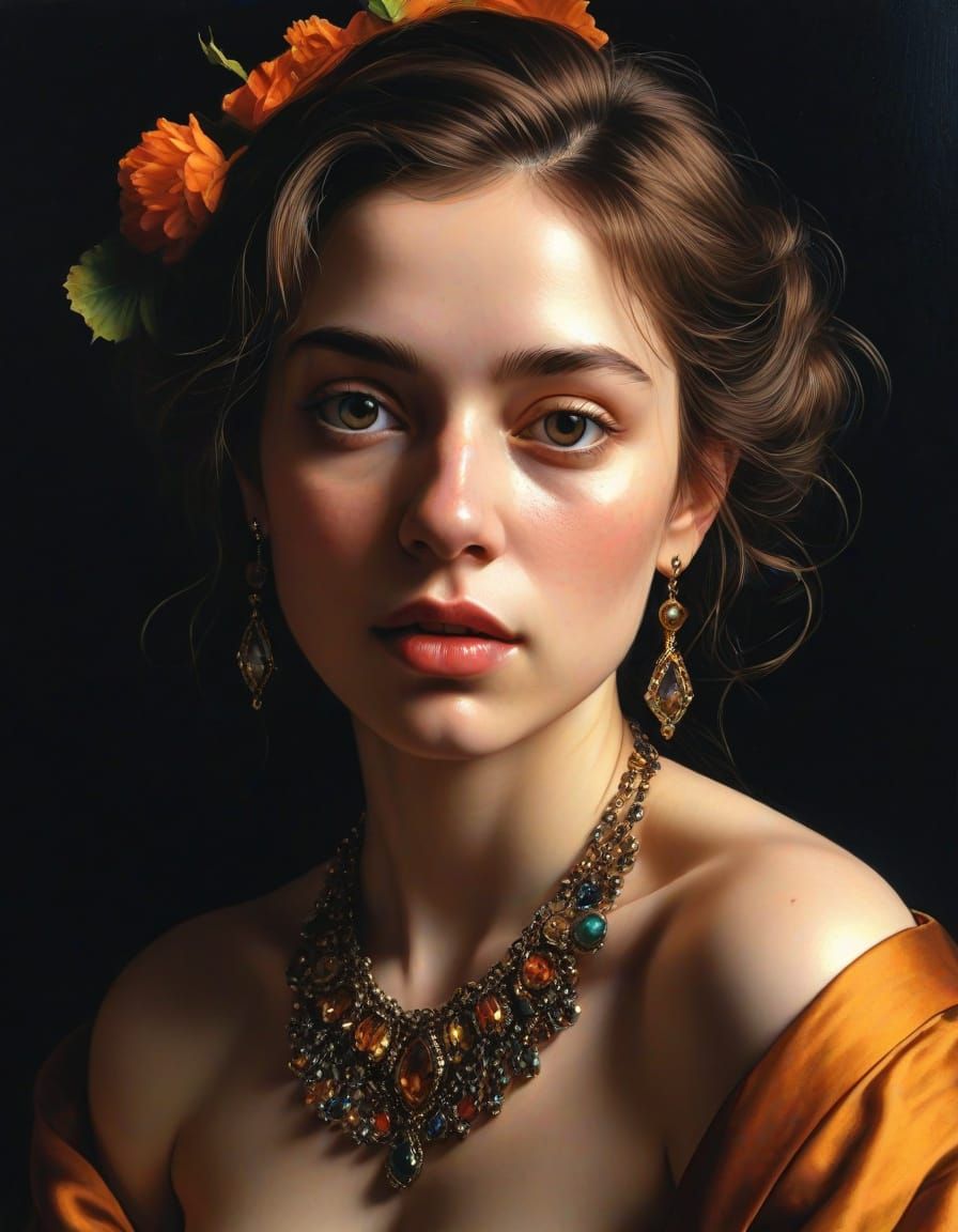 Gorgeous Woman in Luxurious Jewels, Caravaggio-Inspired Oil ...