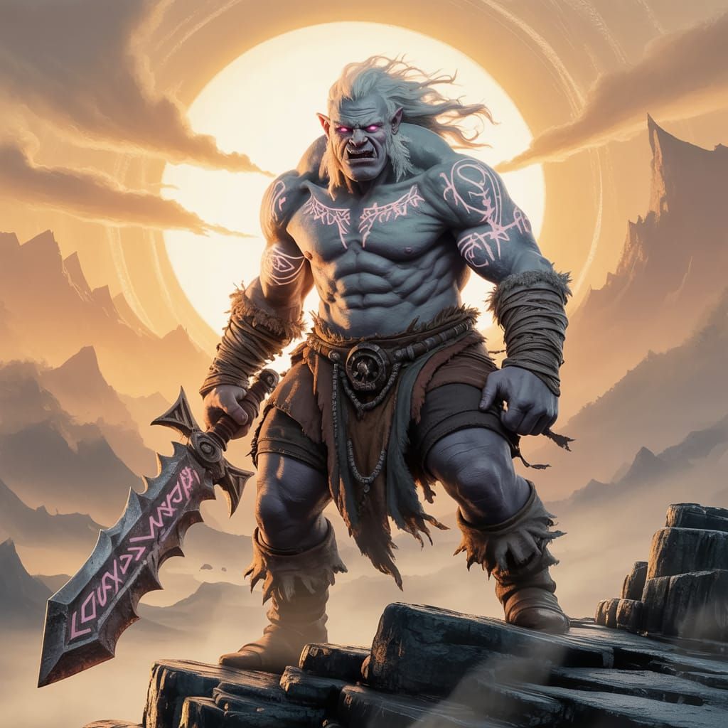 Albino Orc Warrior on Crag at Sunset