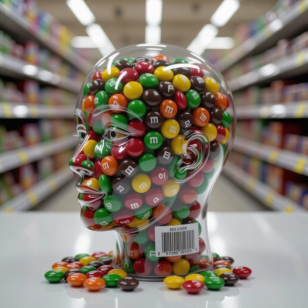 Surreal Candy Head with M&Ms and Barcode