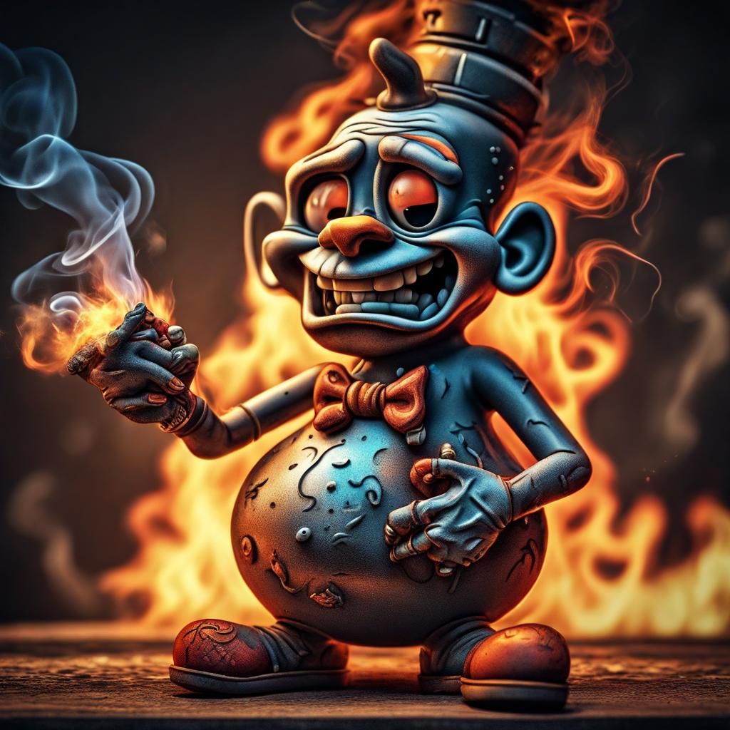 Fiery Punk Rock Cartoon Character Smoking Bong