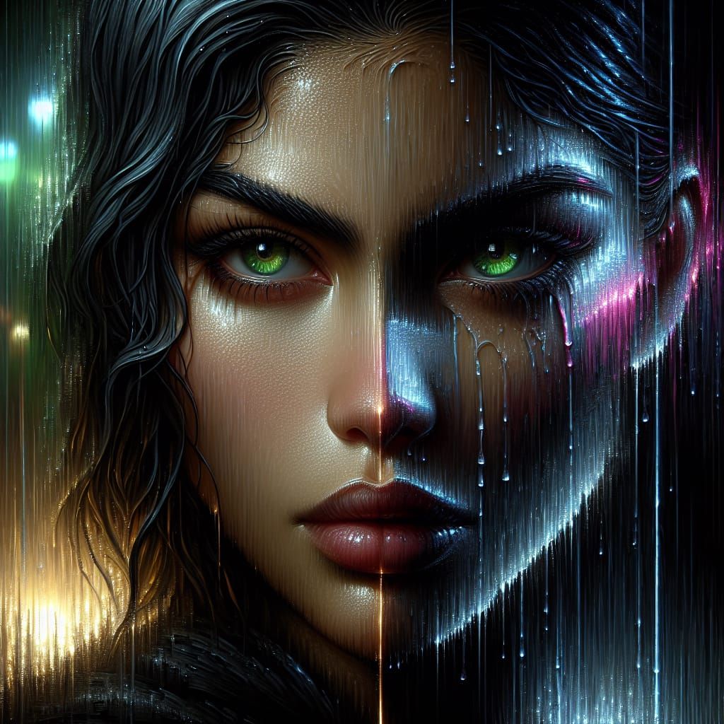 Hispanic Woman in Rain: Dark Fantasy Impasto Portrait