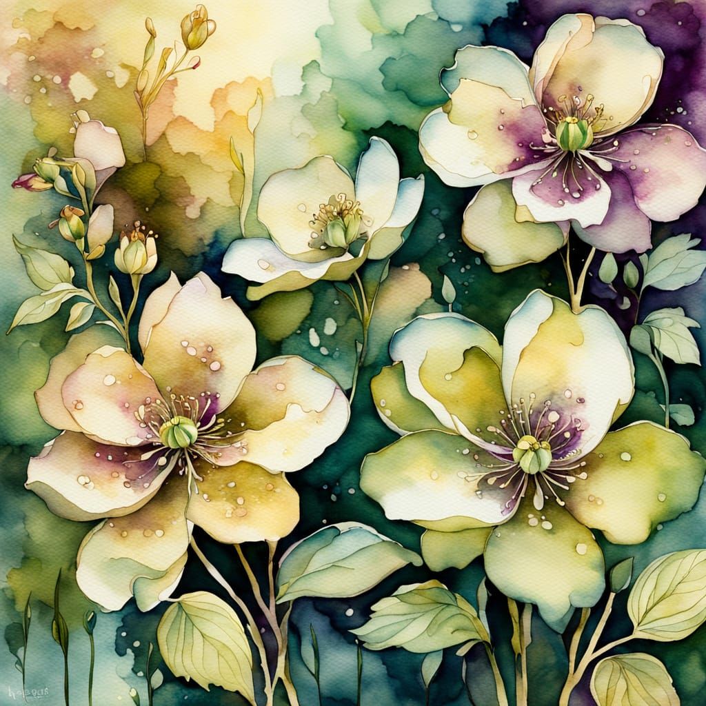 Hellebores in Watercolor with Golden Light