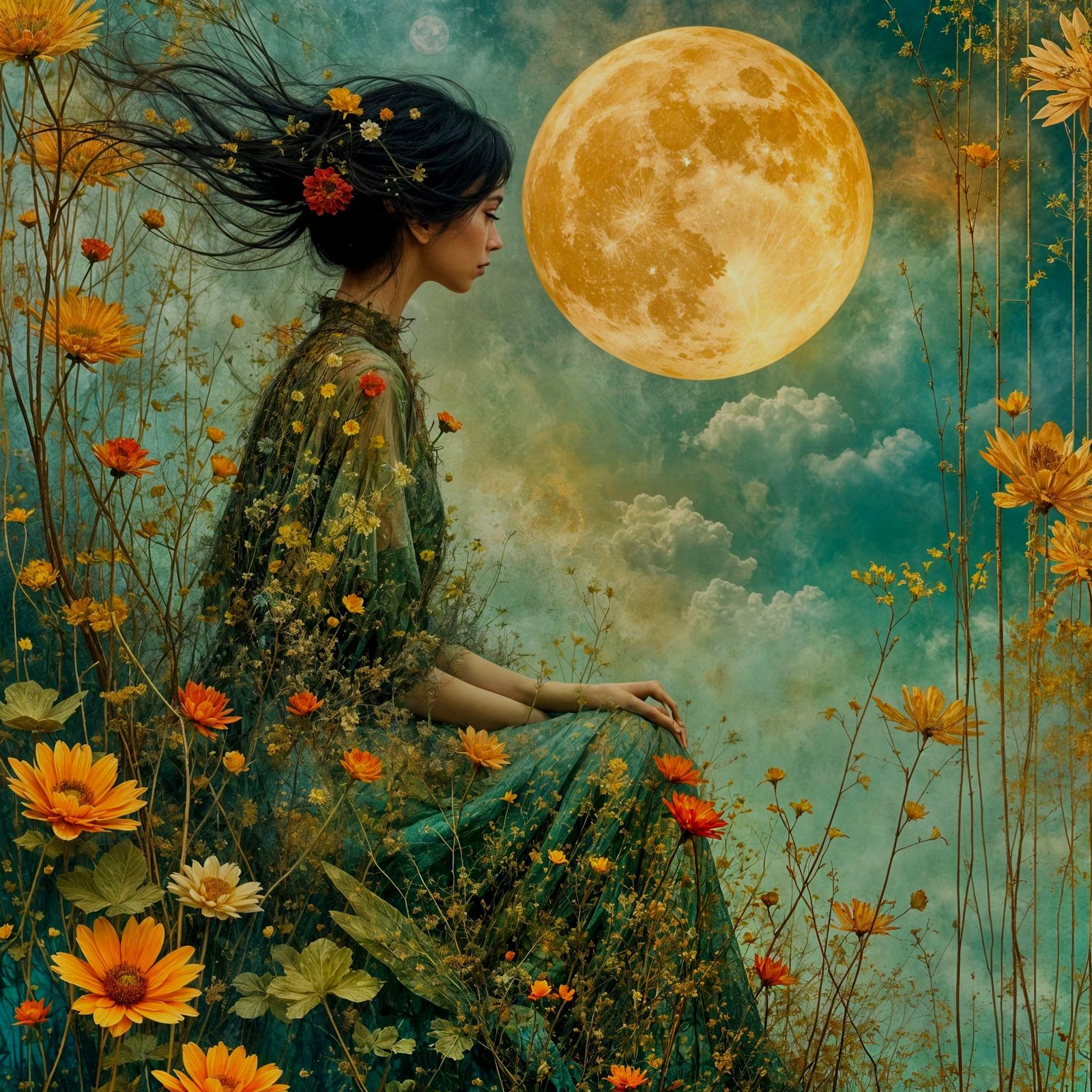 Ethereal Woman Composed of Plants in Dreamy Landscape