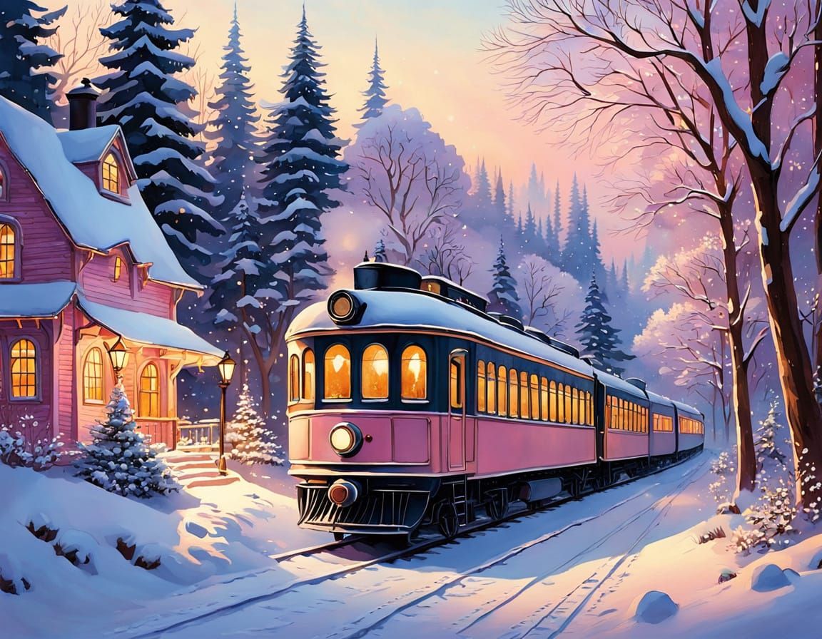 Cozy Steam Train in Snow-Covered Fairytale Forest