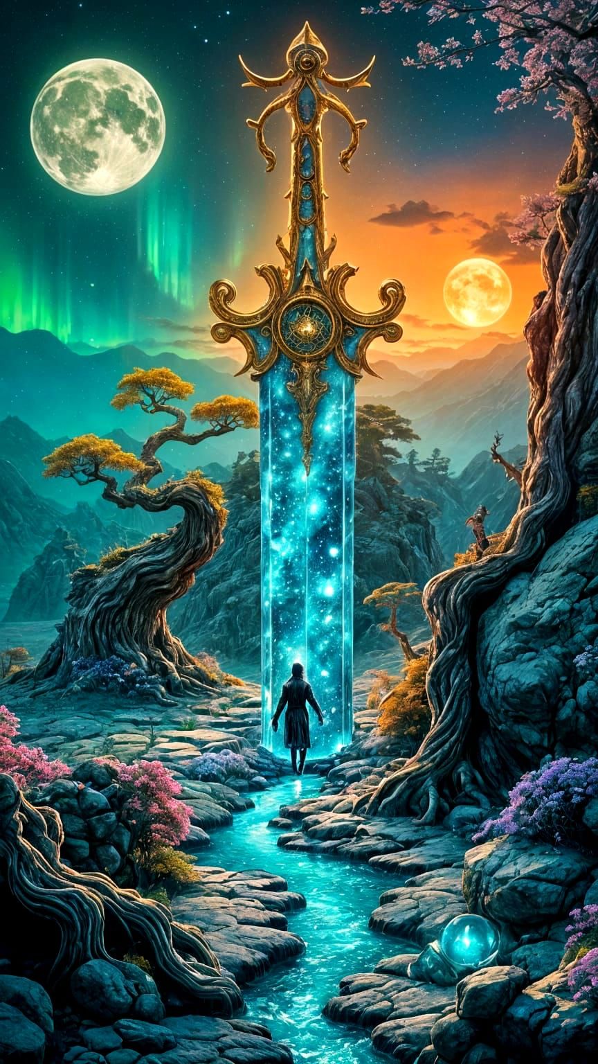 Surreal Geode Sword in a Fantastical Landscape