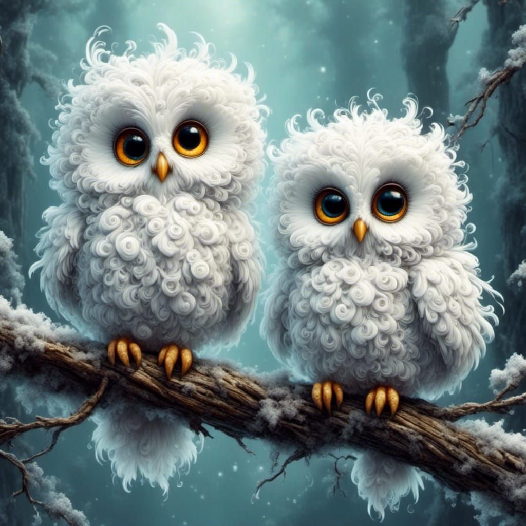 Three Cute White Owls on a Branch