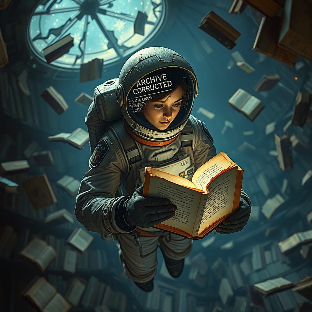 Astronaut in Derelict Library-Satellite, Post-Apocalyptic Dr...