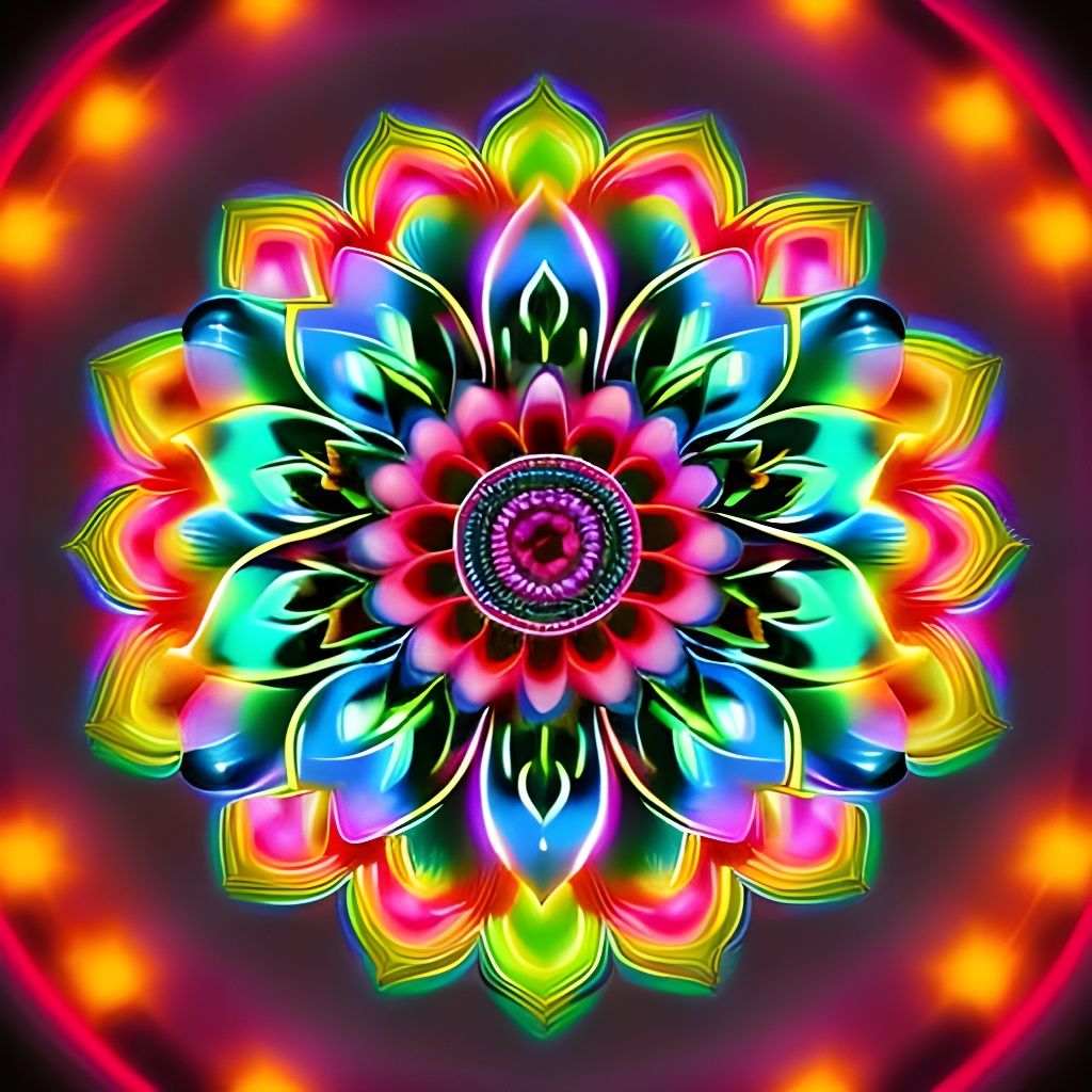 Glowing Neon Mandala Flower Lights in Darkness