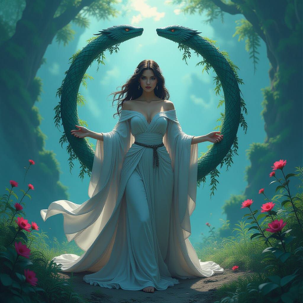 Ouroboros Woman Embodies Life Cycles in Mystical Aura
