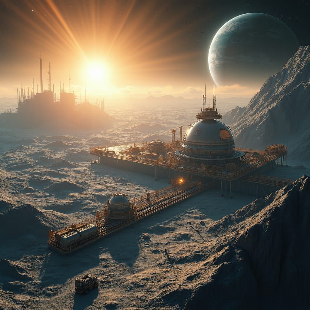 Futuristic Moon City Construction Under Earthrise