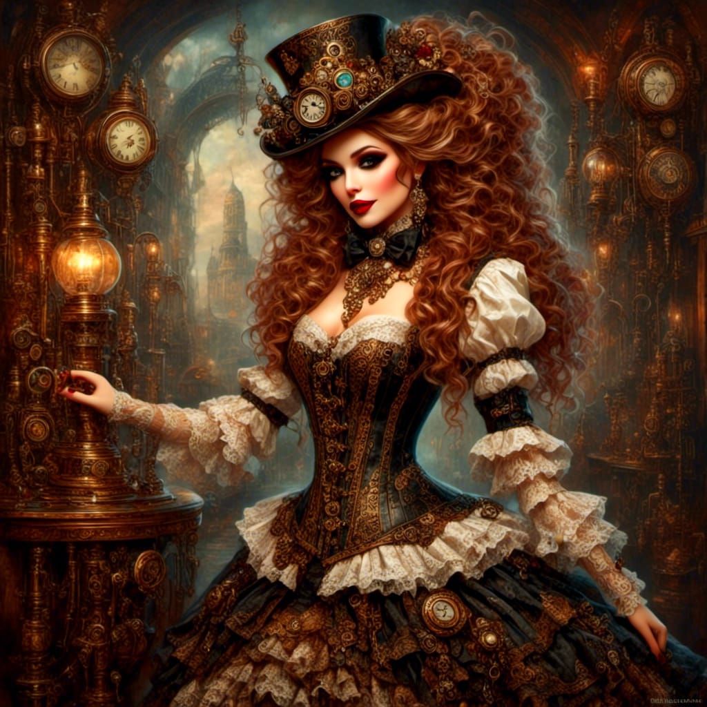 Steampunk Carnival Clown Woman Dancing with Gold Accents