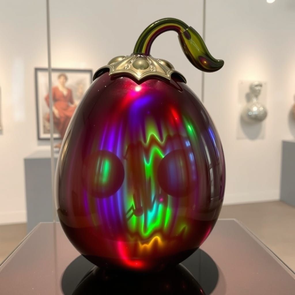 Iridescent Glass Eggplant Sculpture in Museum