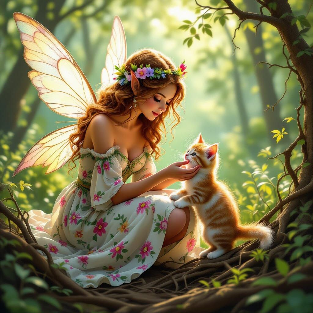 Fairy Rescues Kitten in Sunny Forest, Mythical Style
