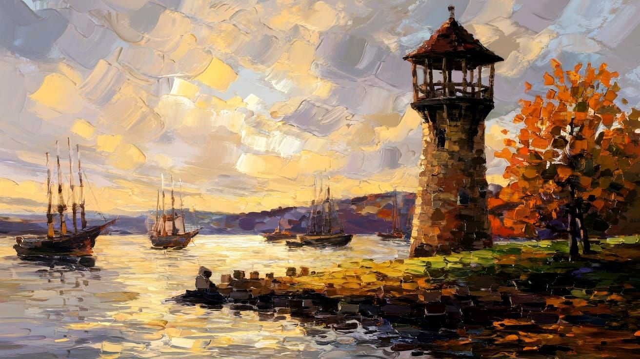 Autumn Harbour Watchtower in Expressive Impasto Style