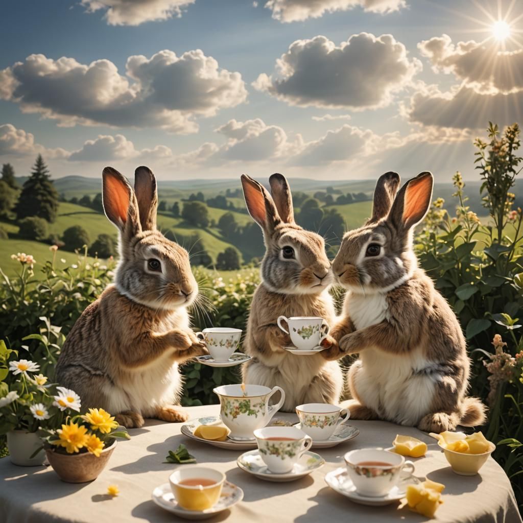 Two Bunnies Having Tea in Heavenly Sunshine