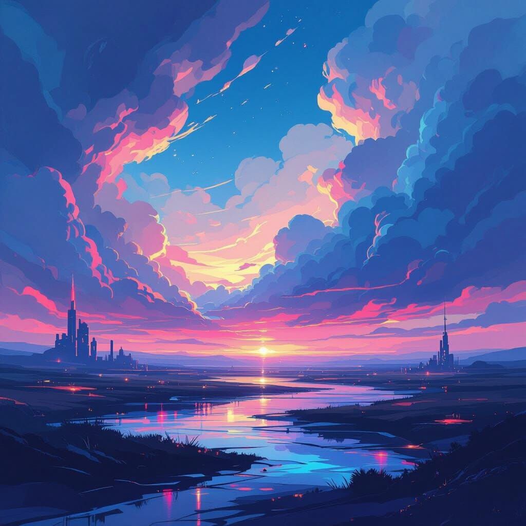 Vibrant Abstract Landscape with Neon Lights
