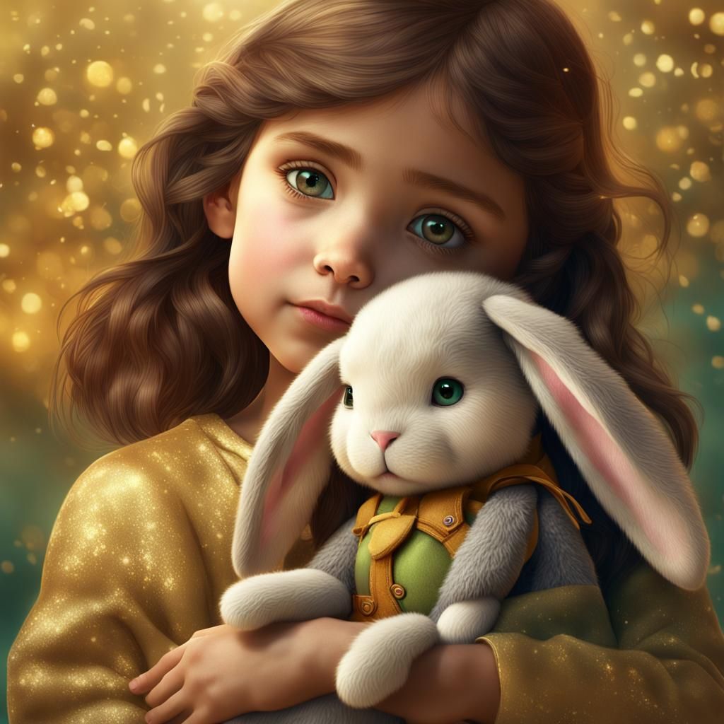 Girl Cuddling Toy Bunny: Dreamy Matte Painting