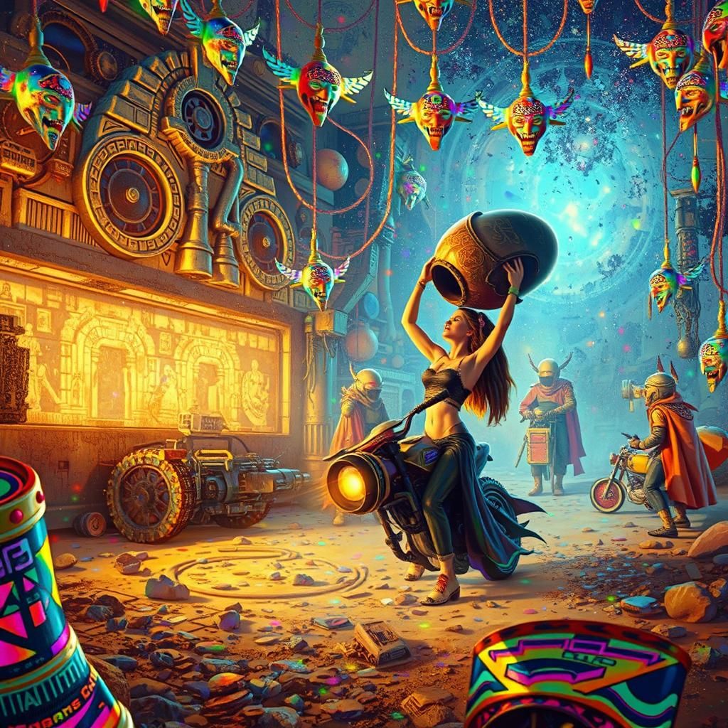 Space Bikers Install Doomsday Machine in Abstract Watercolor