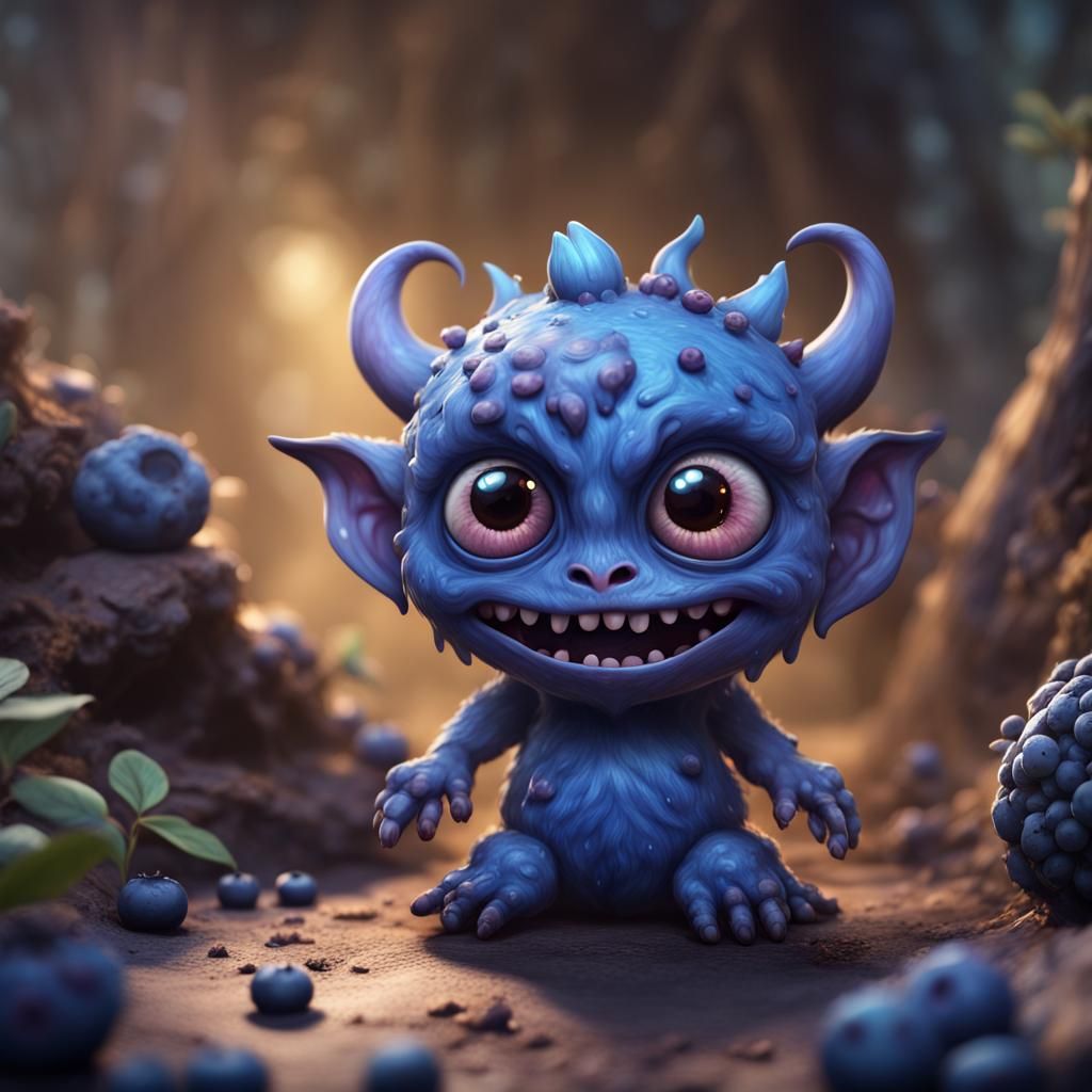 Cute Mythical Baby Monster with Blueberry