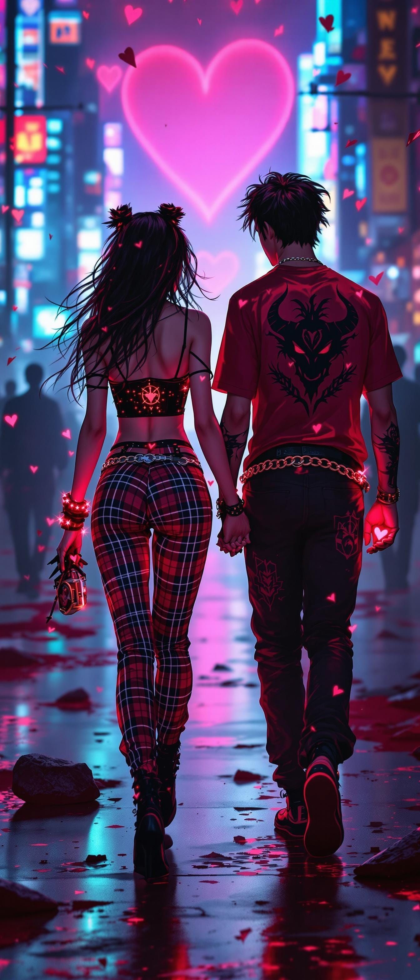 Crimson Pact: Neon Valentine City in Anime Style