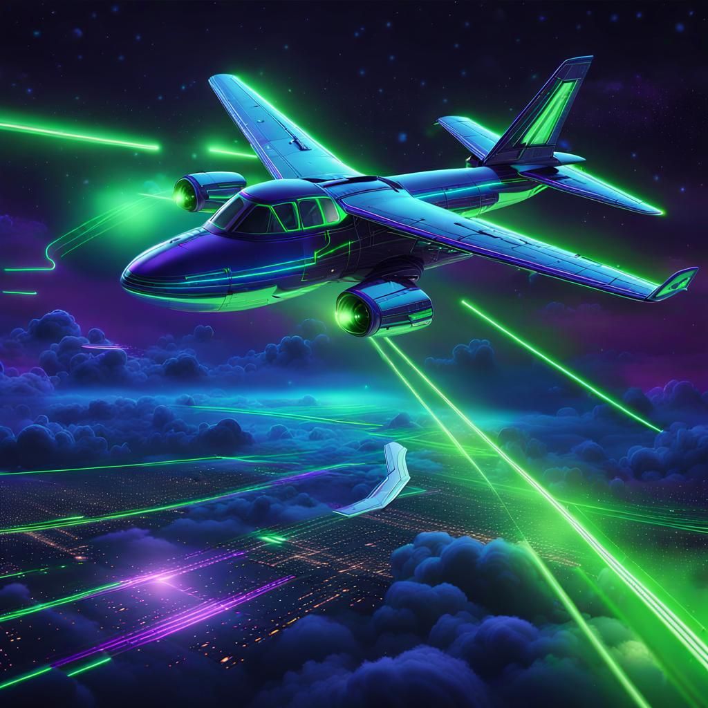 Futuristic Airplane Soaring with Neon Laser Trails