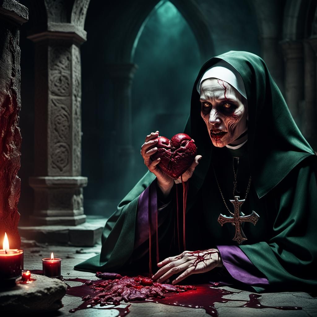 Eerie Nun Feast: A Dark Fantasy Matte Painting