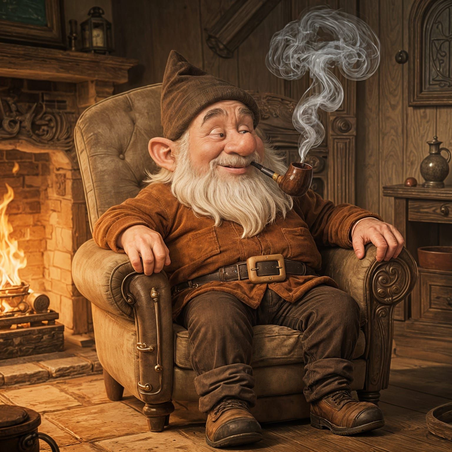 Cozy Gnome Smokes Pipe in Armchair