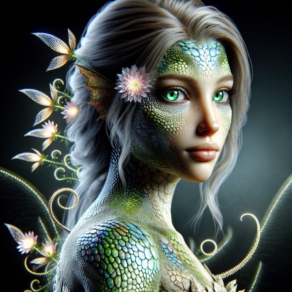 a beautiful female lizard fairy, ger skin is the texture of ...