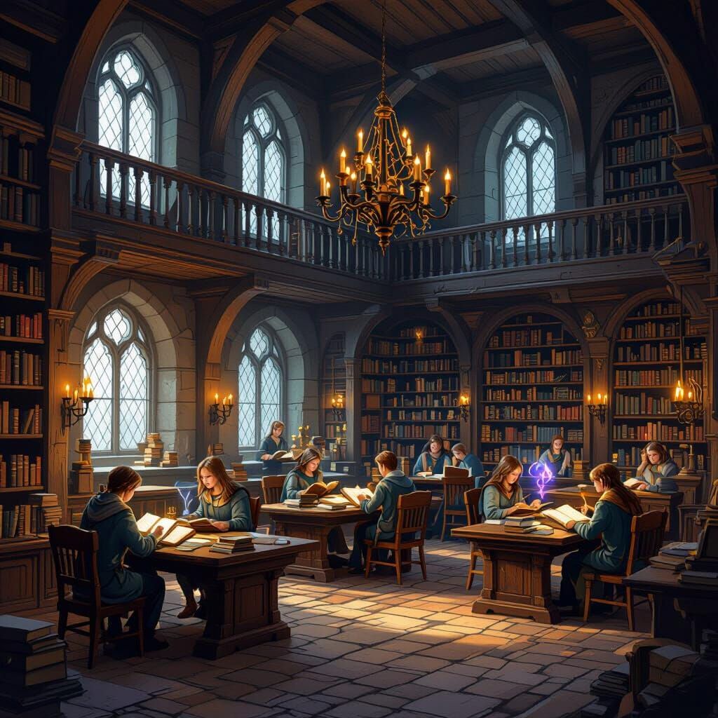 Cozy Magic Library with Students Studying Spells