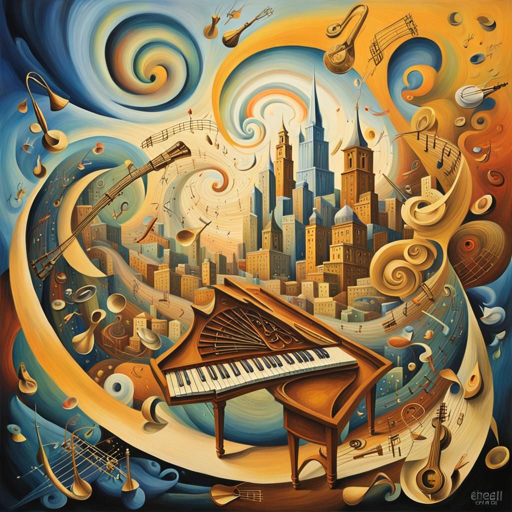 Surreal Musical Cityscape in Vivid Colors