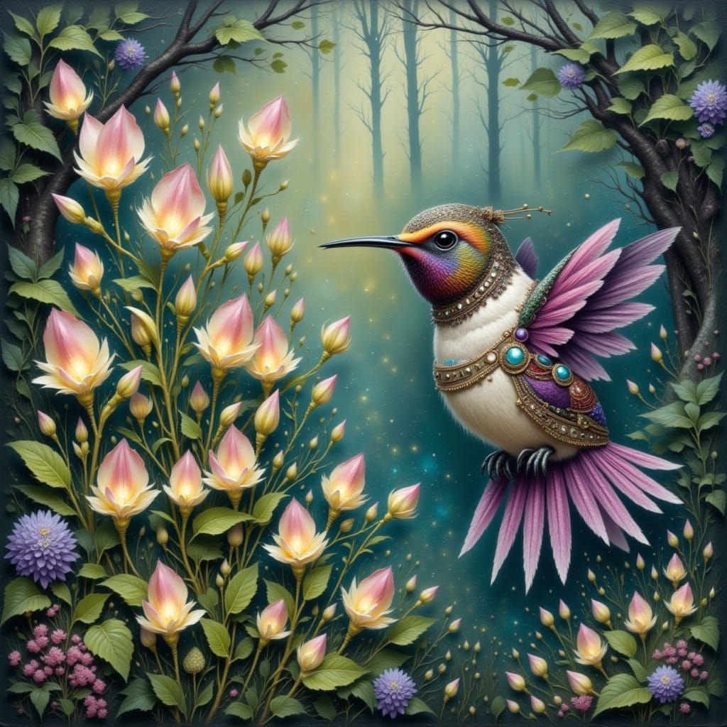 Hummingbird Jewelry Near Glowing Flowers in Watercolor Style