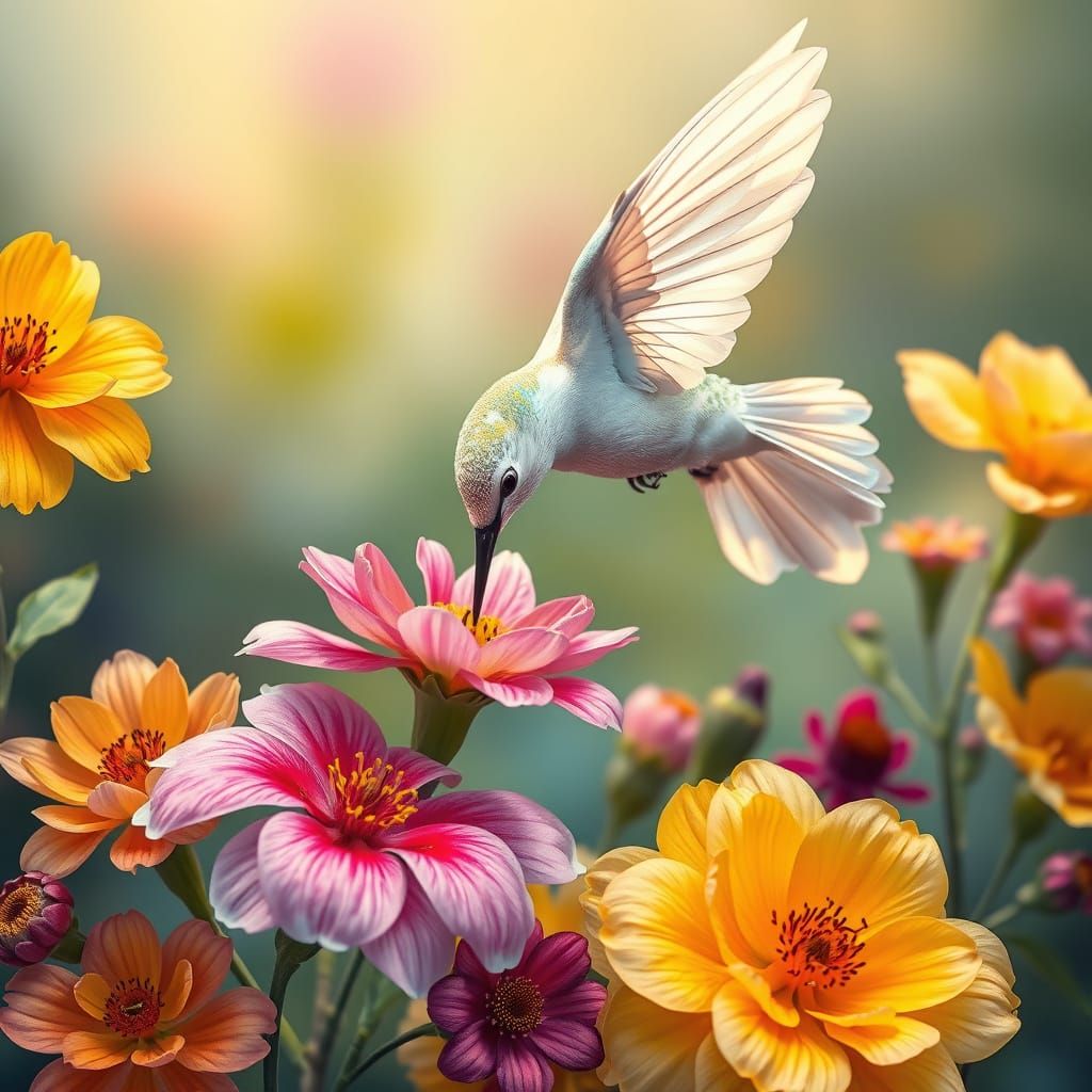 White Hummingbird in Flight, Art Nouveau Style