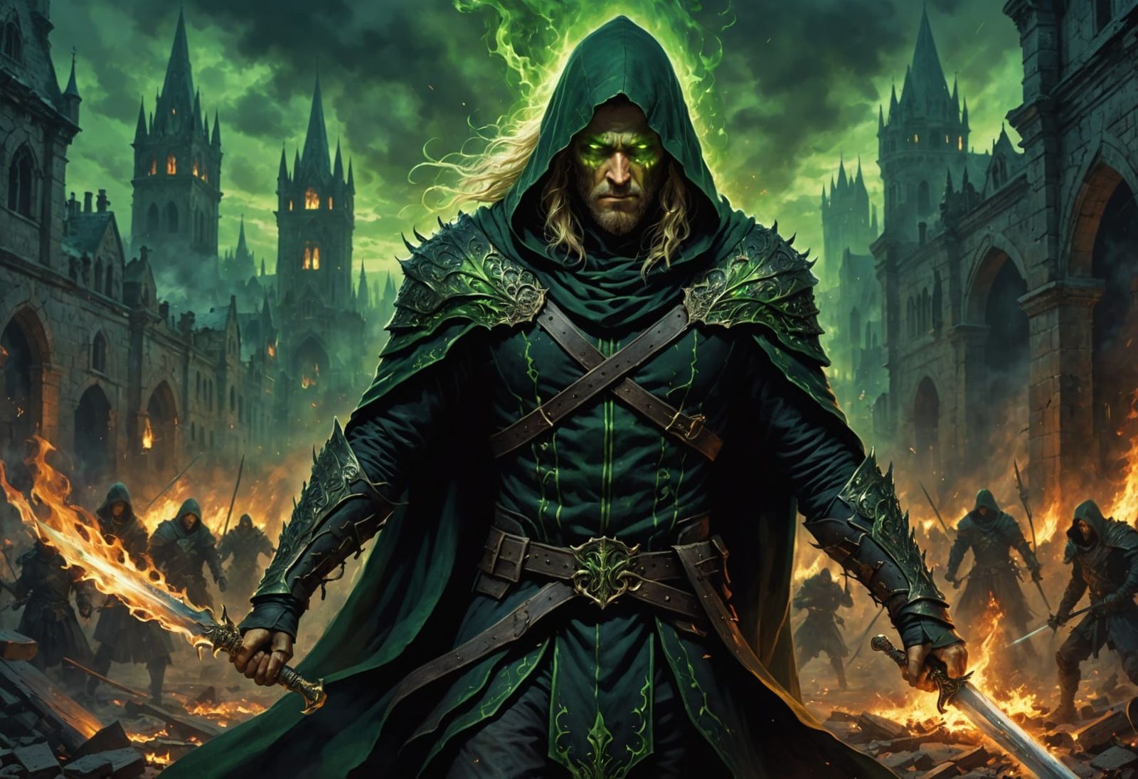 Armored Man Conjures Green Fire in Ruined City