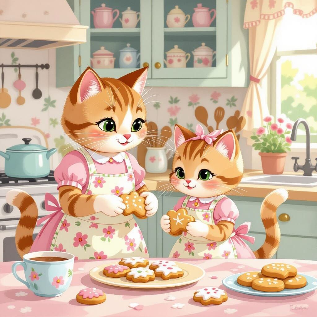 Cartoon Cat Family Decorating Cookies in Cozy Kitchen