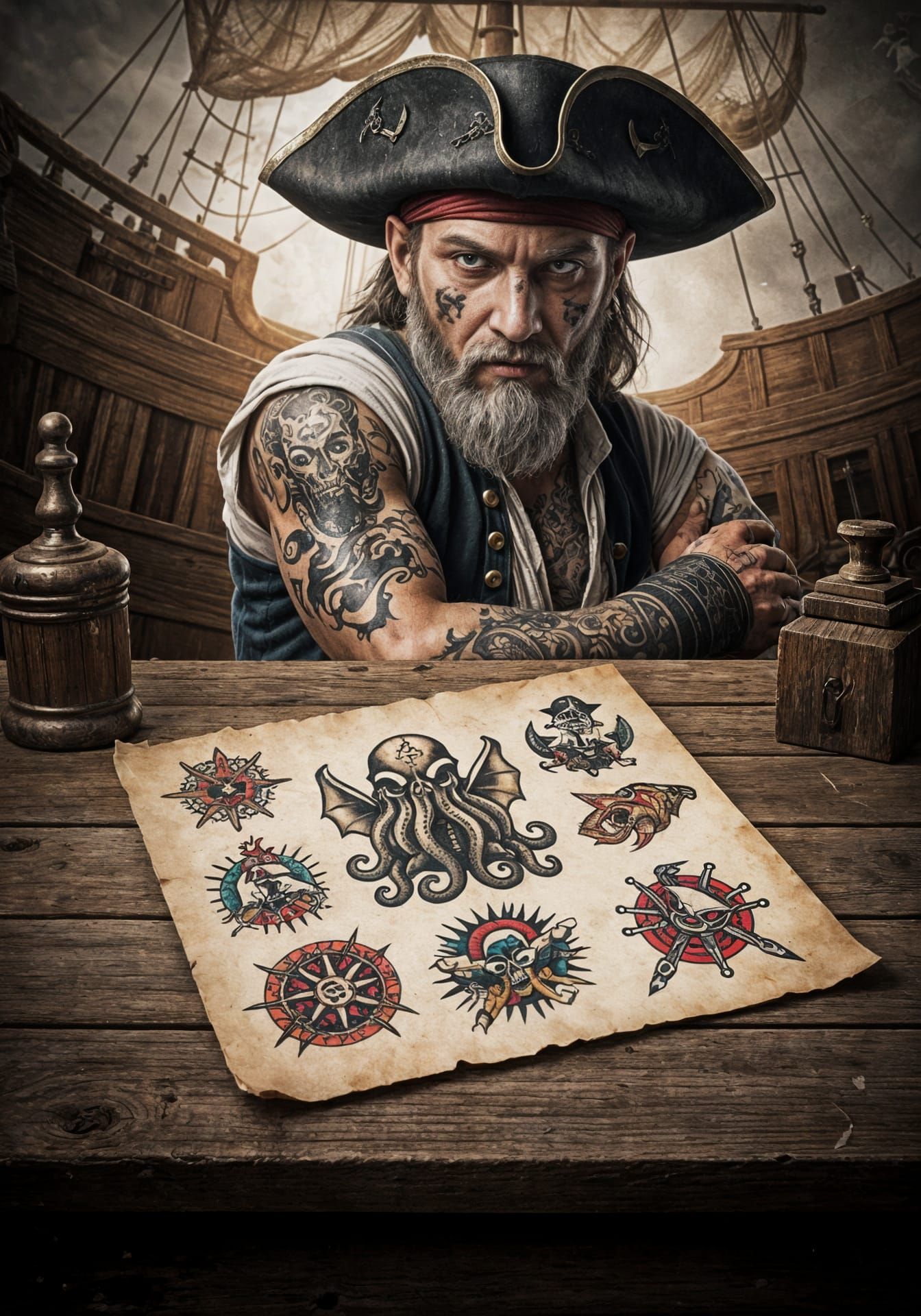 Pirate Tattoo Designs on Old Paper Sheet
